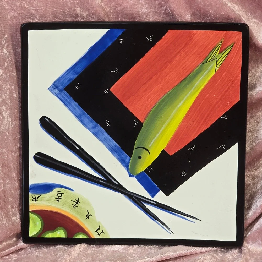 Vintage Z Logo Hand Painted Sushi Platter Square Ceramic Fish Chopsticks Plate